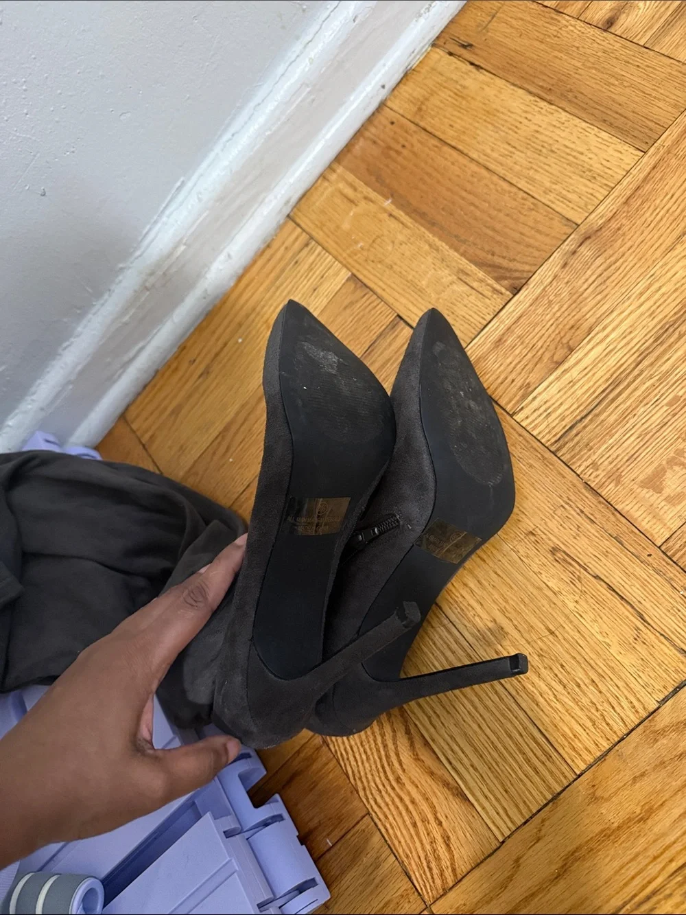 Over-the-Knee Pointed Toe Stiletto Boots in Charcoal Gray